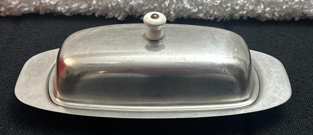 Vintage MCM Strata Sheffield USA Stainless Steel Butter Dish w/ Lid